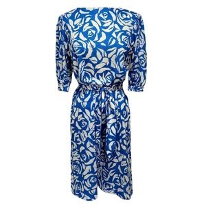 California Look Vintage 80s 90s Blue White‎ Rose Floral Midi Dress 8P USA